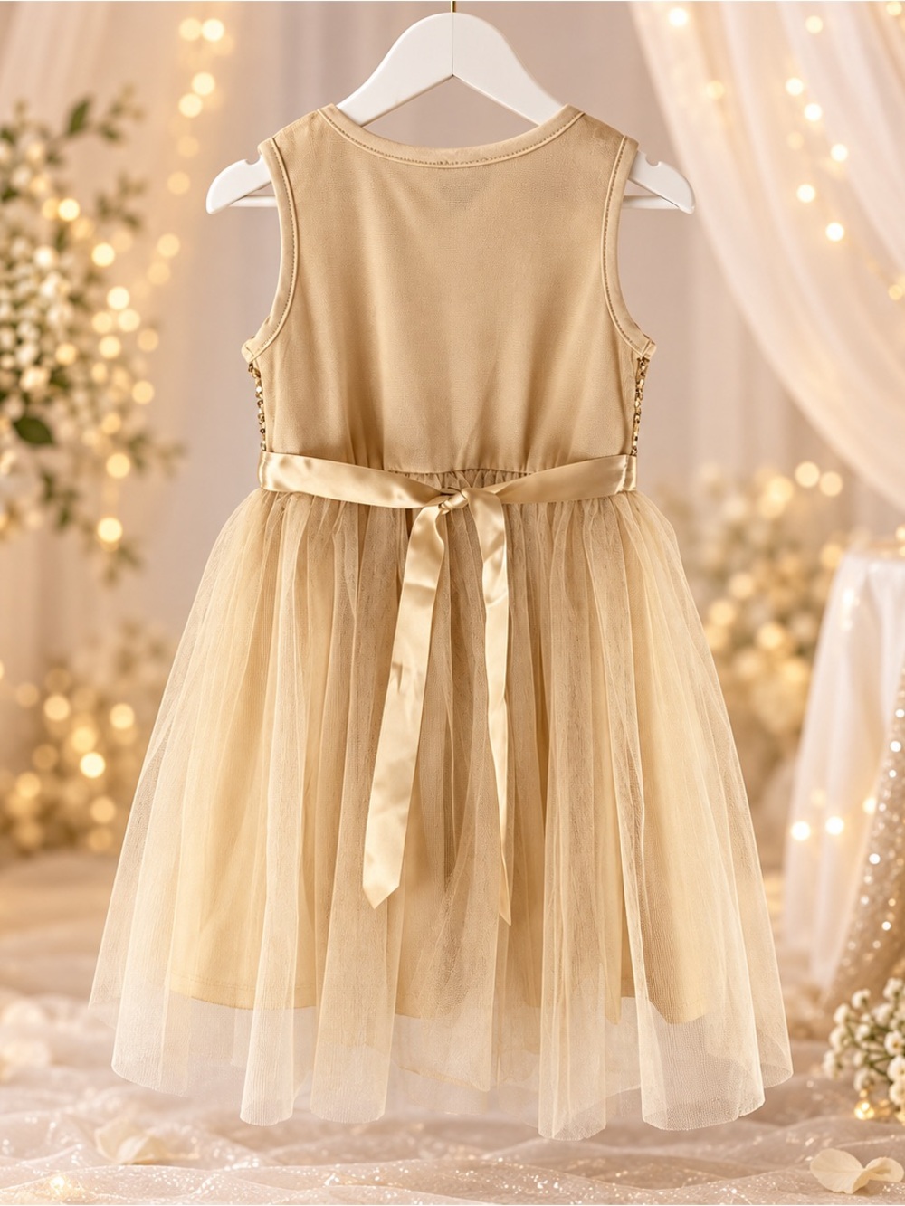 Gold Tulle Party Dress for Girls - Sleeveless Satin Waist Tie